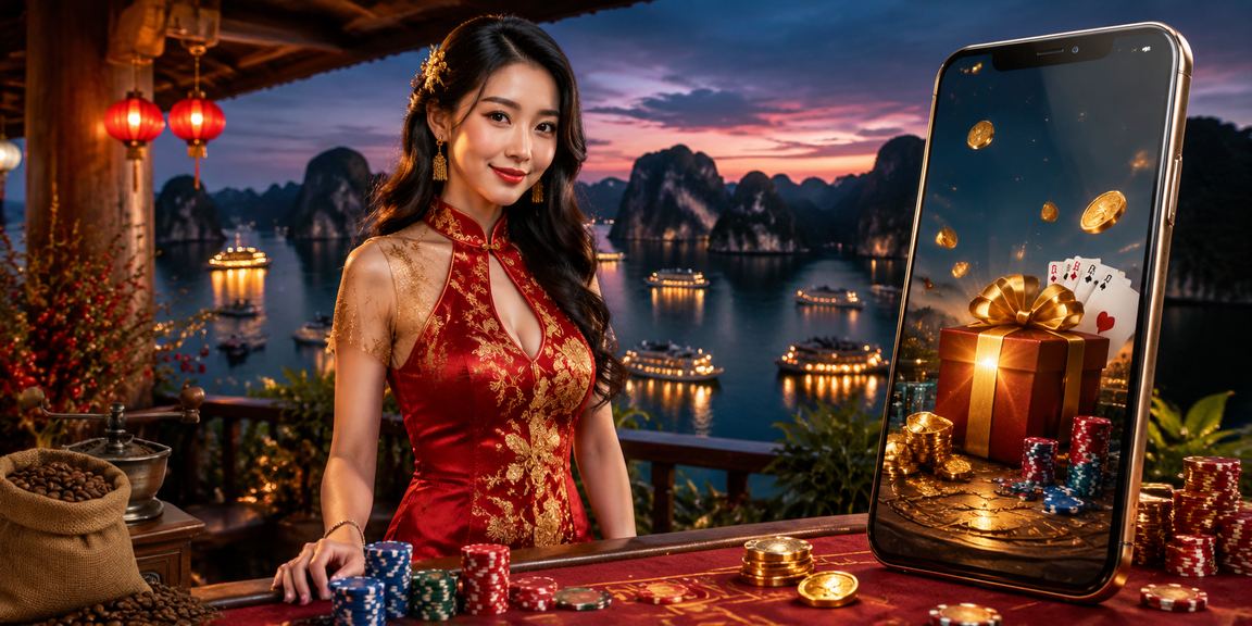 Người chơi xem kèo và trải nghiệm casino bên vịnh Hạ Long với tách cà phê